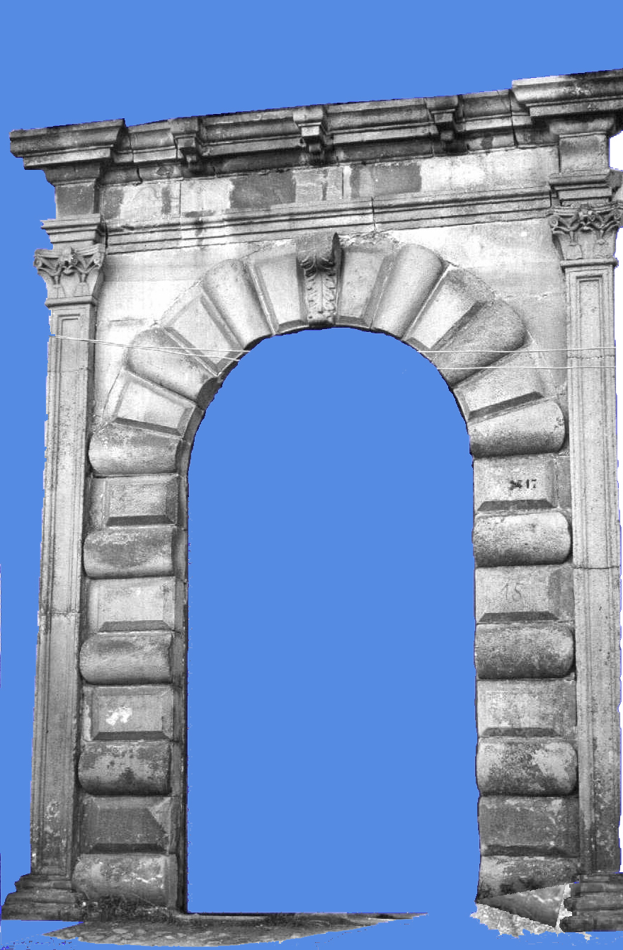 Portale Palazzo Primavera. Dopo il sisma del 31 ottobre 1967. Fotografia di Enzo Lo Iacono